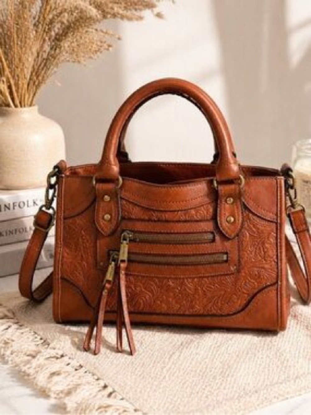 Rosetti Embossed Faux Leather Satchel - Cognac Brown